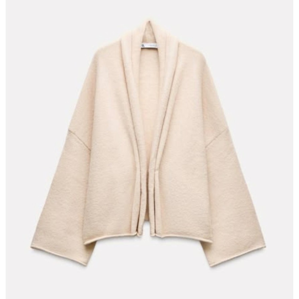 Zara Cardigan S Cream Open Front Shawl Collar Wool Blend Minimalist Chic Sweater